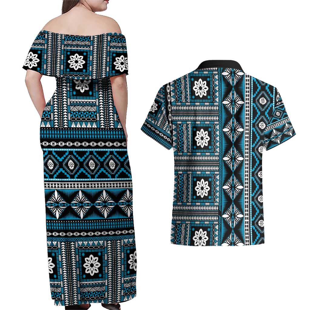 Fiji Masi Tapa Pattern Blue Couples Matching Off Shoulder Maxi Dress and Hawaiian Shirt - Polynesian Pride