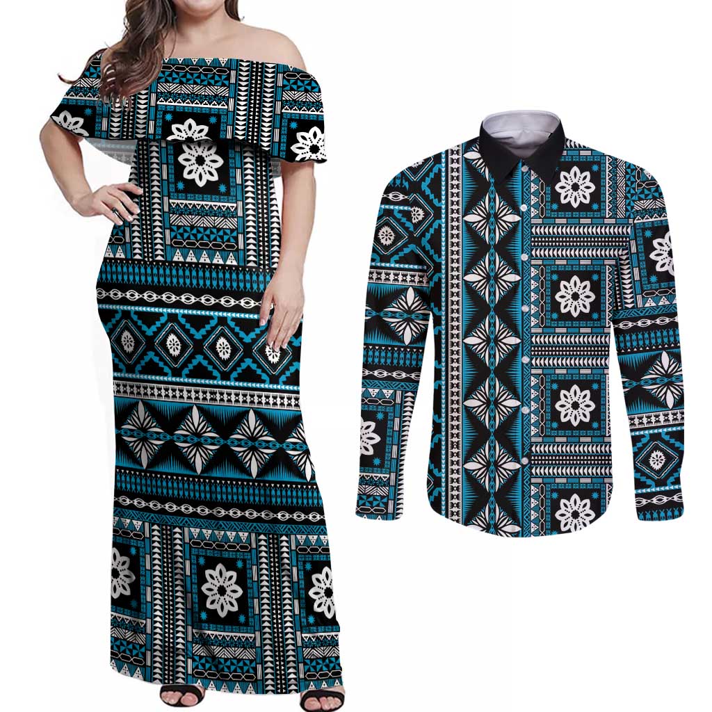 Fiji Masi Tapa Pattern Blue Couples Matching Off Shoulder Maxi Dress and Long Sleeve Button Shirt - Polynesian Pride