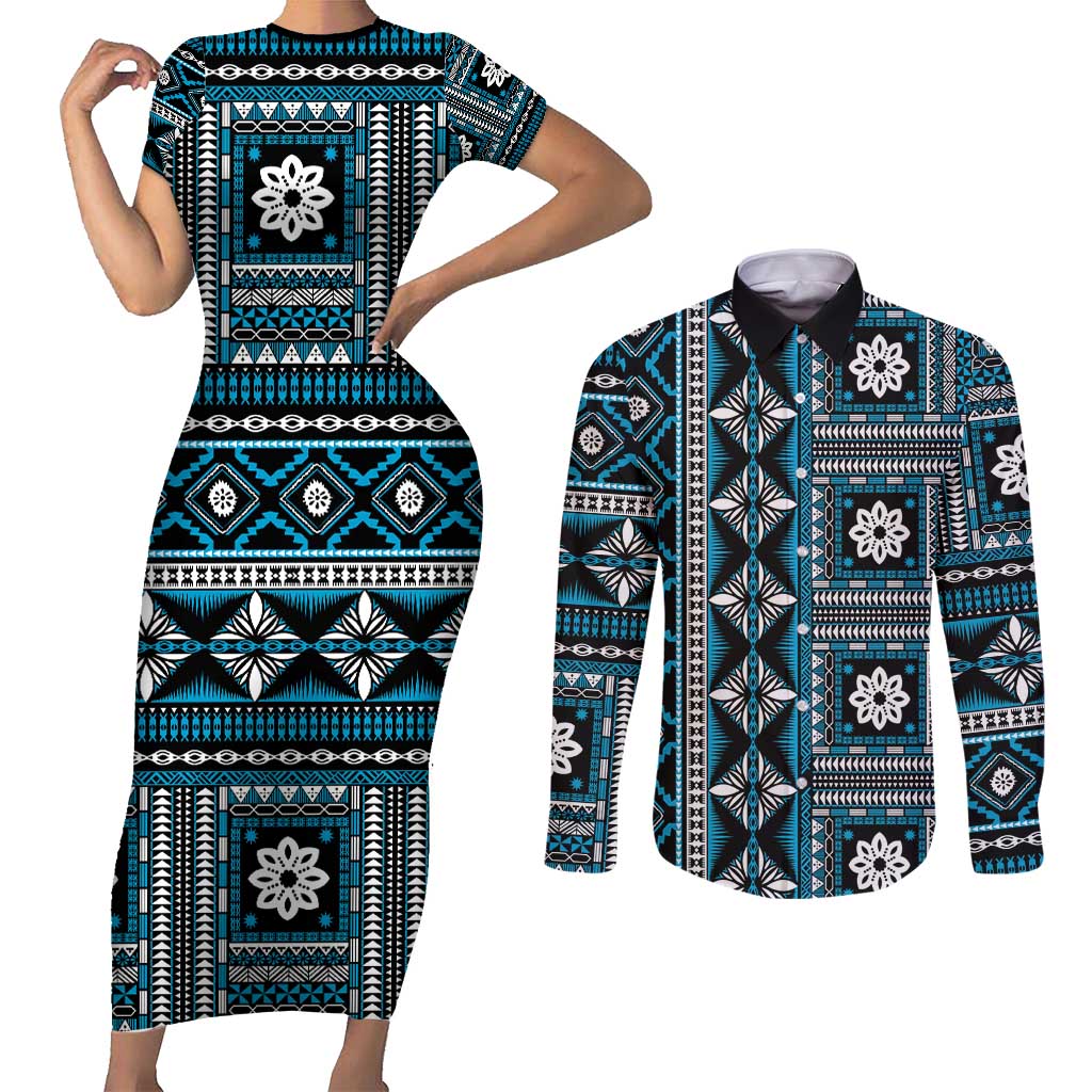 Fiji Masi Tapa Pattern Blue Couples Matching Short Sleeve Bodycon Dress and Long Sleeve Button Shirt - Polynesian Pride
