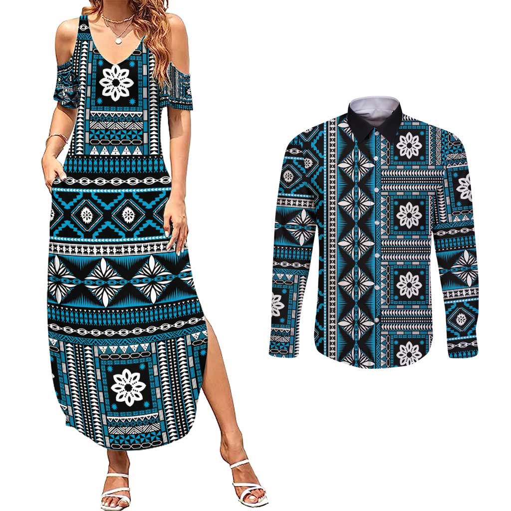 Fiji Masi Tapa Pattern Blue Couples Matching Summer Maxi Dress and Long Sleeve Button Shirt - Polynesian Pride