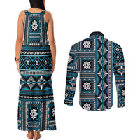 Fiji Masi Tapa Pattern Blue Couples Matching Tank Maxi Dress and Long Sleeve Button Shirt - Polynesian Pride