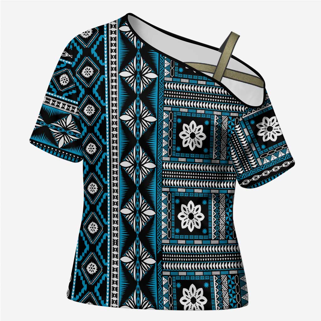 Fiji Masi Tapa Pattern Blue Cross Shoulder Shirt - Polynesian Pride