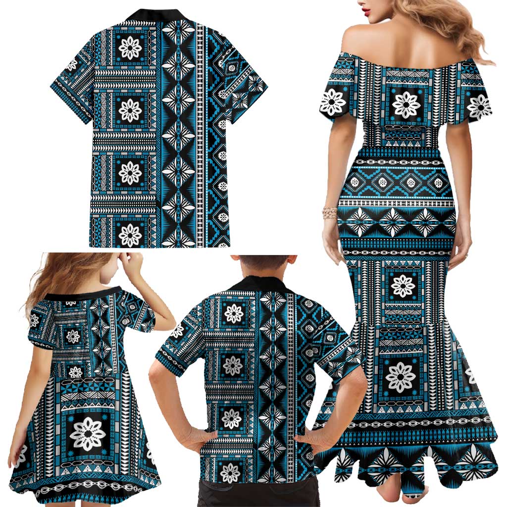Fiji Masi Tapa Pattern Blue Family Matching Mermaid Dress and Hawaiian Shirt - Polynesian Pride