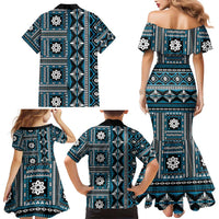 Fiji Masi Tapa Pattern Blue Family Matching Mermaid Dress and Hawaiian Shirt - Polynesian Pride