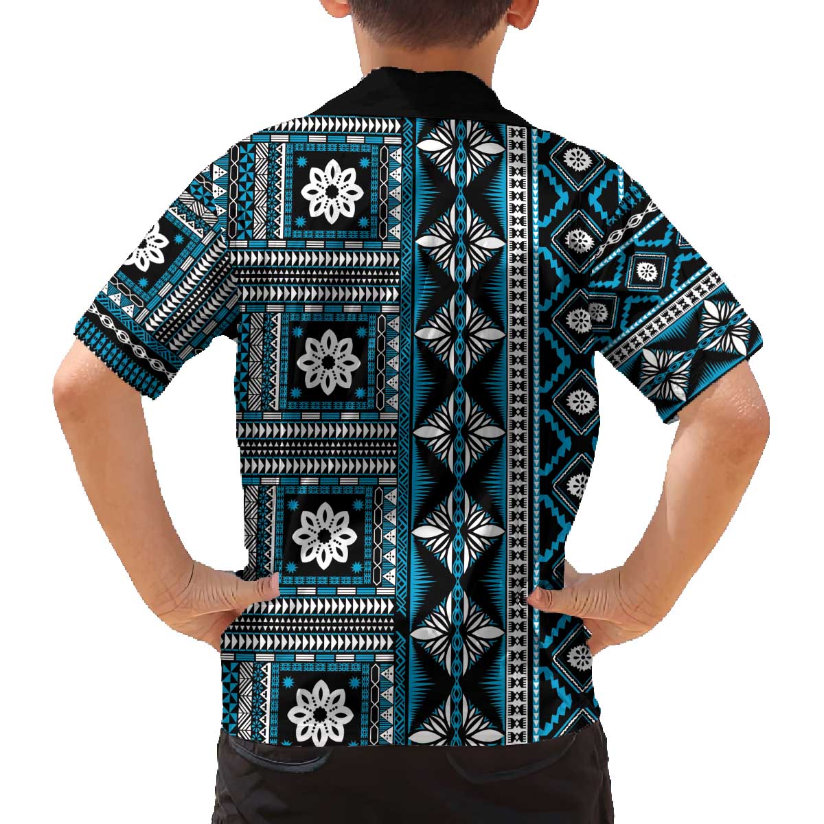 Fiji Masi Tapa Pattern Blue Family Matching Off The Shoulder Long Sleeve Dress and Hawaiian Shirt - Polynesian Pride