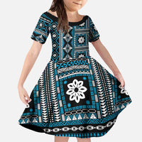 Fiji Masi Tapa Pattern Blue Family Matching Off The Shoulder Long Sleeve Dress and Hawaiian Shirt - Polynesian Pride