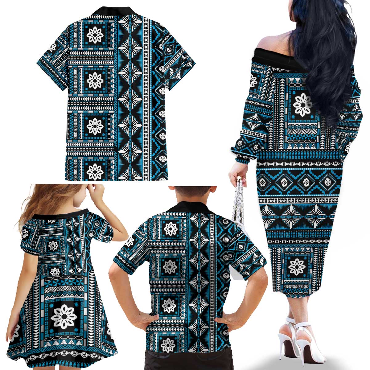 Fiji Masi Tapa Pattern Blue Family Matching Off The Shoulder Long Sleeve Dress and Hawaiian Shirt - Polynesian Pride