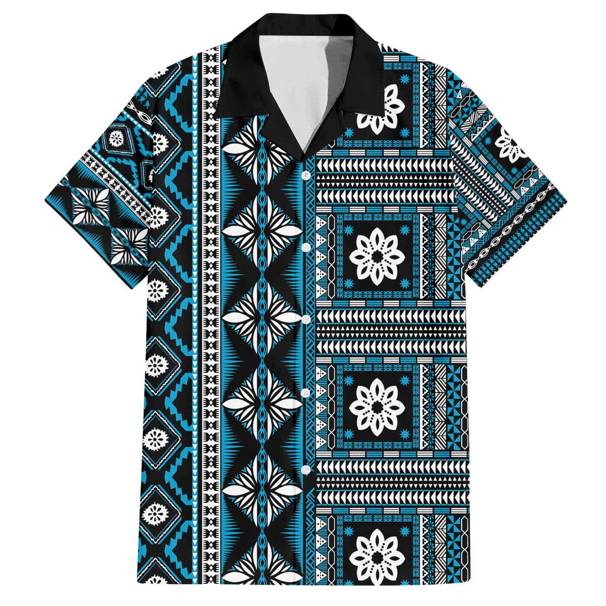 Fiji Masi Tapa Pattern Blue Family Matching Off The Shoulder Long Sleeve Dress and Hawaiian Shirt - Polynesian Pride