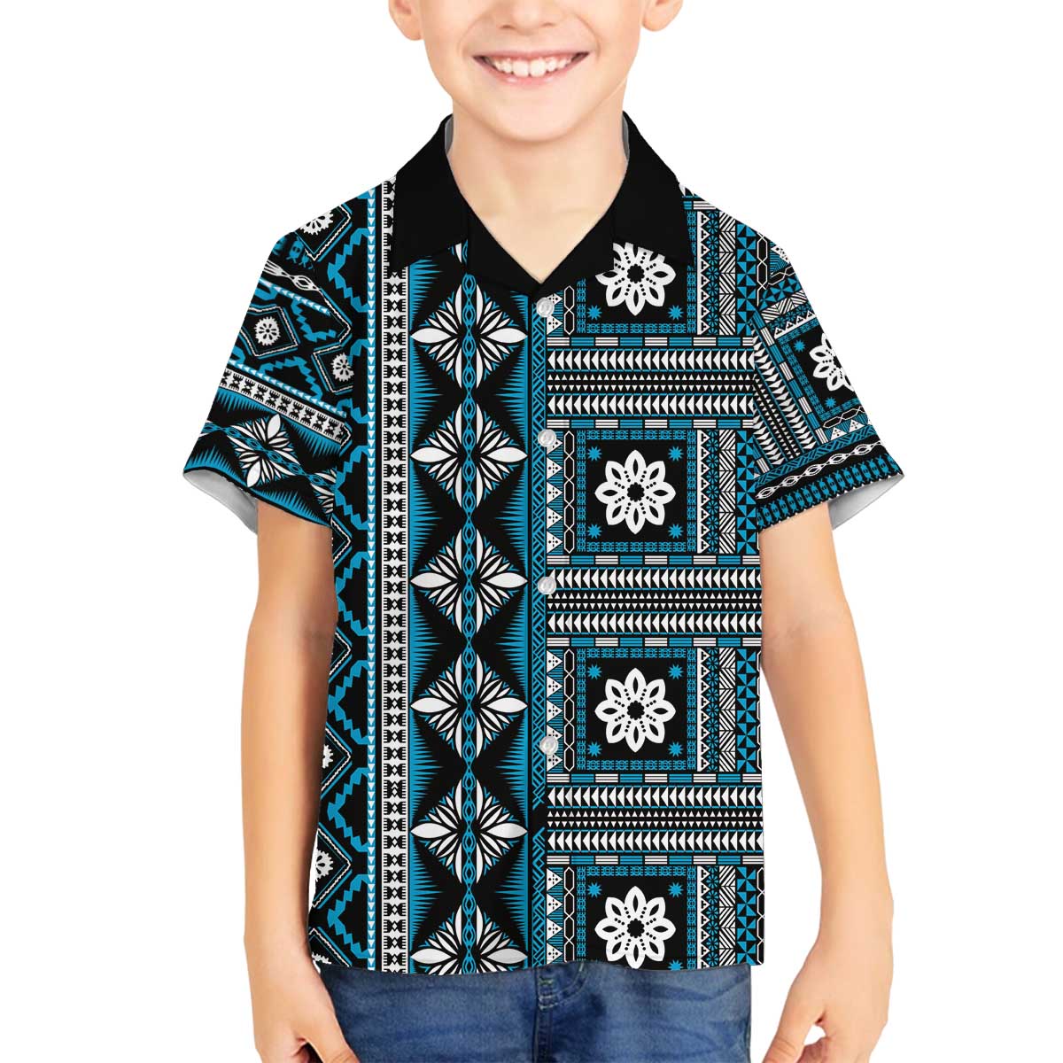 Fiji Masi Tapa Pattern Blue Family Matching Off The Shoulder Long Sleeve Dress and Hawaiian Shirt - Polynesian Pride