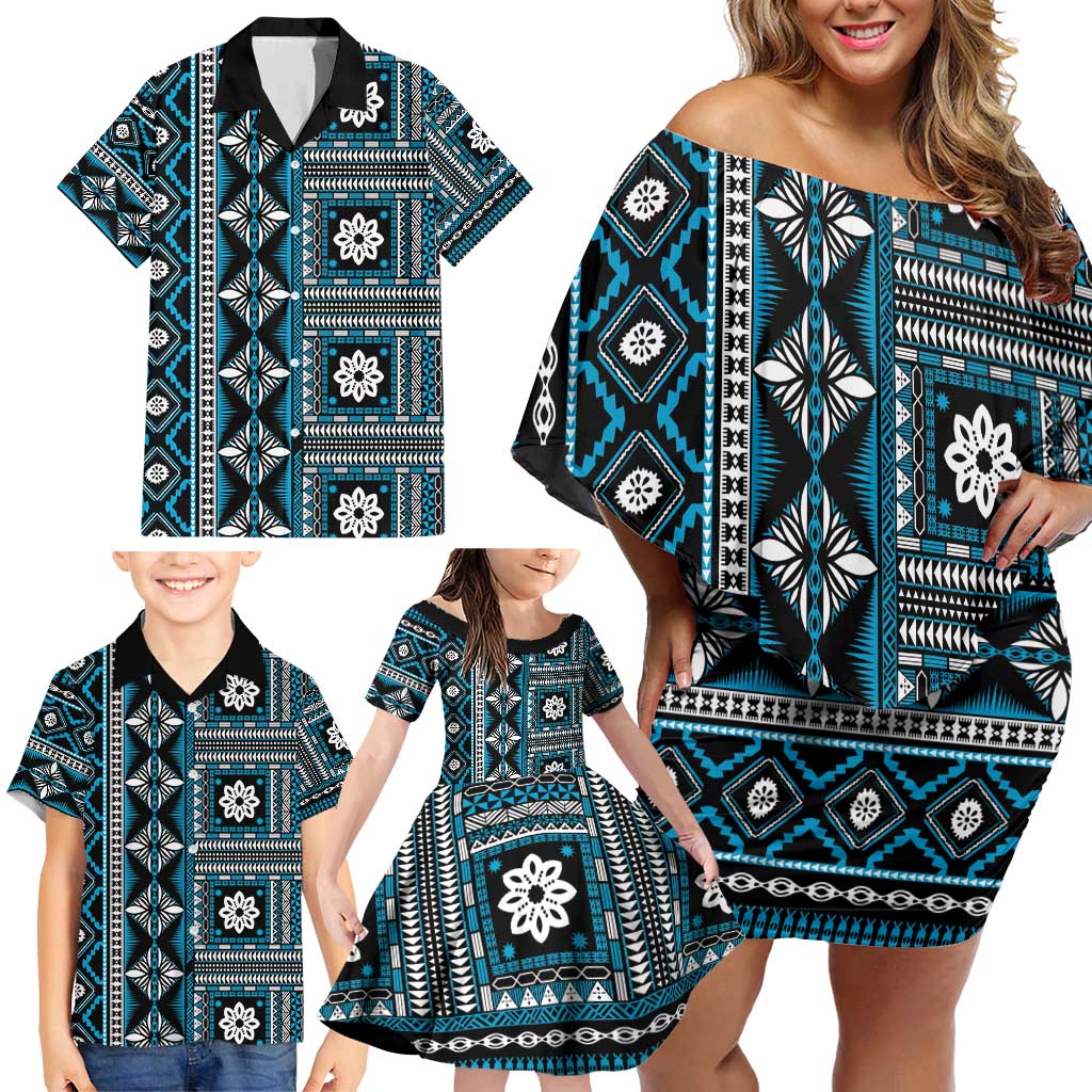 Fiji Masi Tapa Pattern Blue Family Matching Off Shoulder Short Dress and Hawaiian Shirt - Polynesian Pride