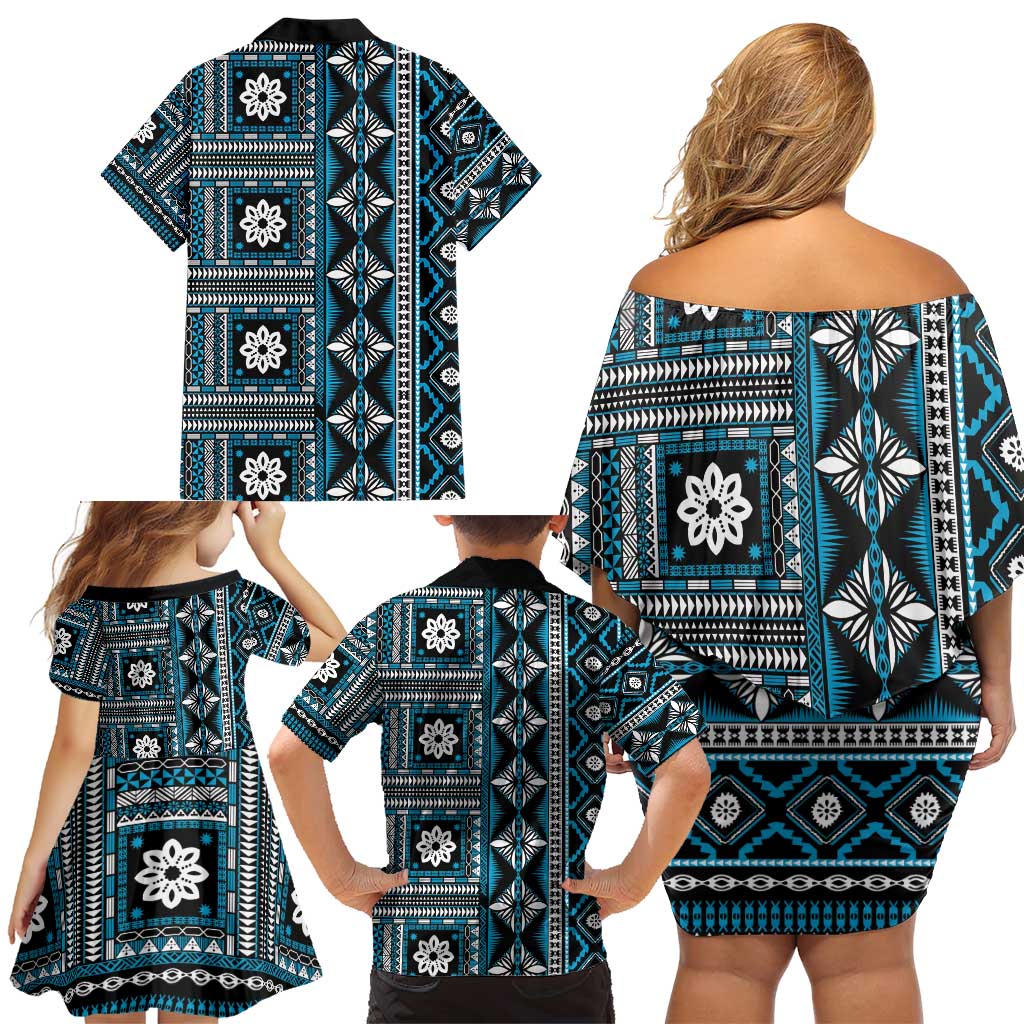 Fiji Masi Tapa Pattern Blue Family Matching Off Shoulder Short Dress and Hawaiian Shirt - Polynesian Pride