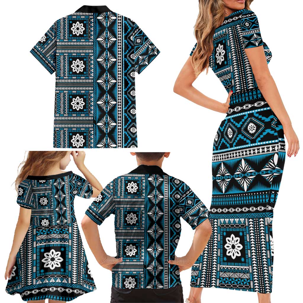 Fiji Masi Tapa Pattern Blue Family Matching Short Sleeve Bodycon Dress and Hawaiian Shirt - Polynesian Pride