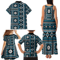 Fiji Masi Tapa Pattern Blue Family Matching Tank Maxi Dress and Hawaiian Shirt - Polynesian Pride