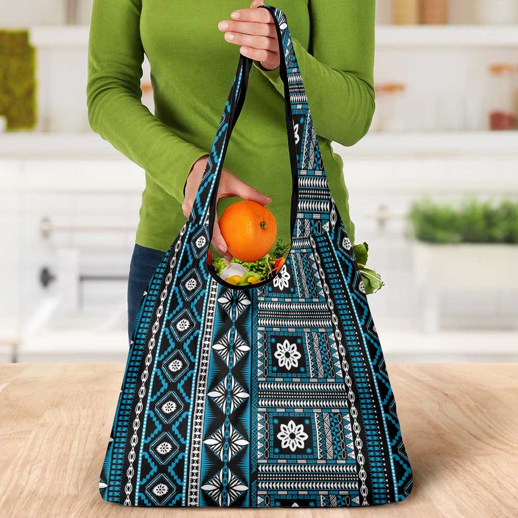 Fiji Masi Tapa Pattern Blue Grocery Bag - Polynesian Pride