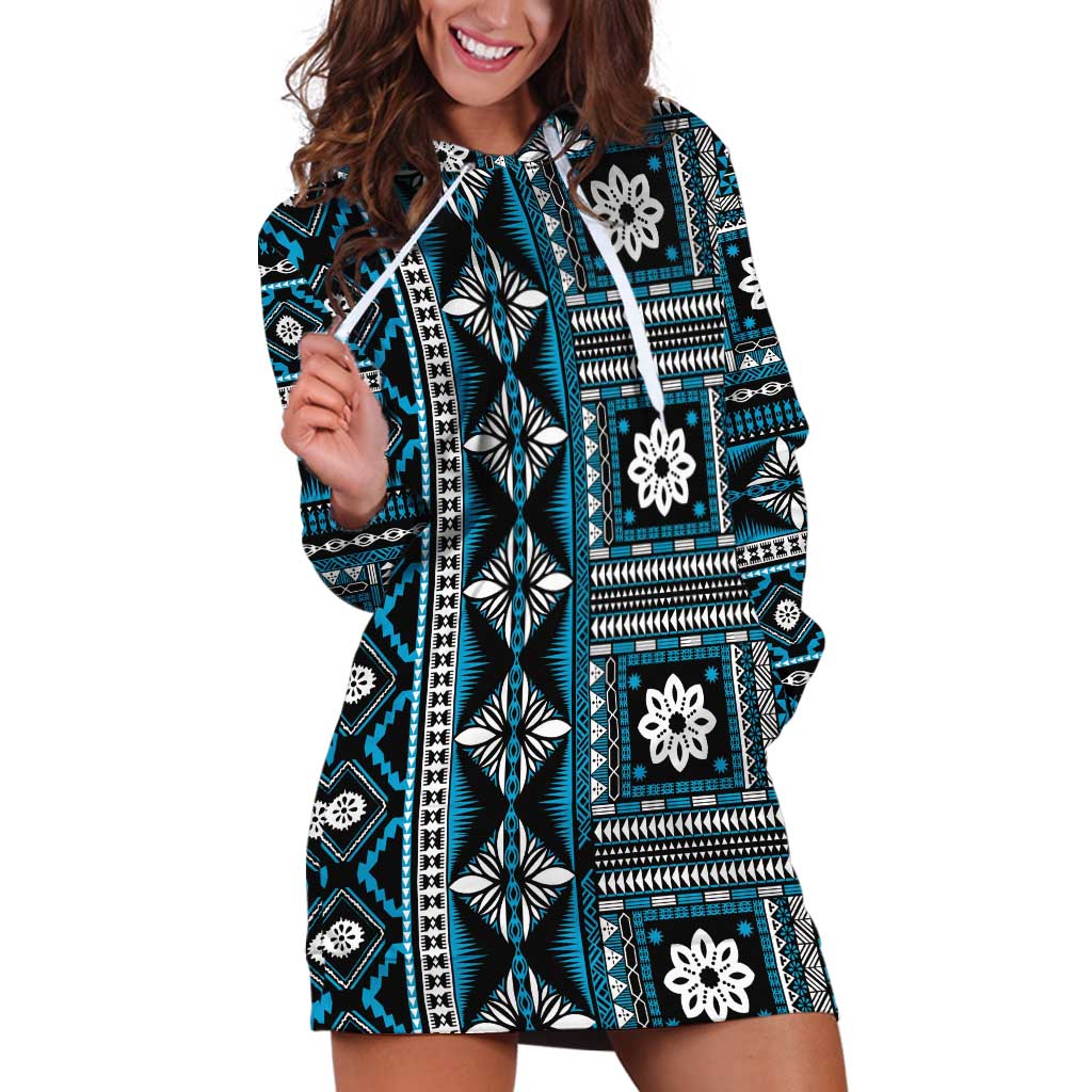 Fiji Masi Tapa Pattern Blue Hoodie Dress - Polynesian Pride