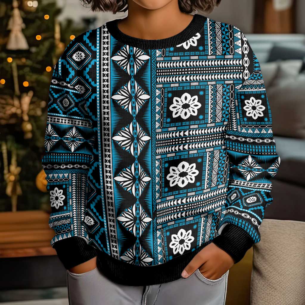 Fiji Masi Tapa Pattern Blue Kid Ugly Christmas Sweater - Polynesian Pride