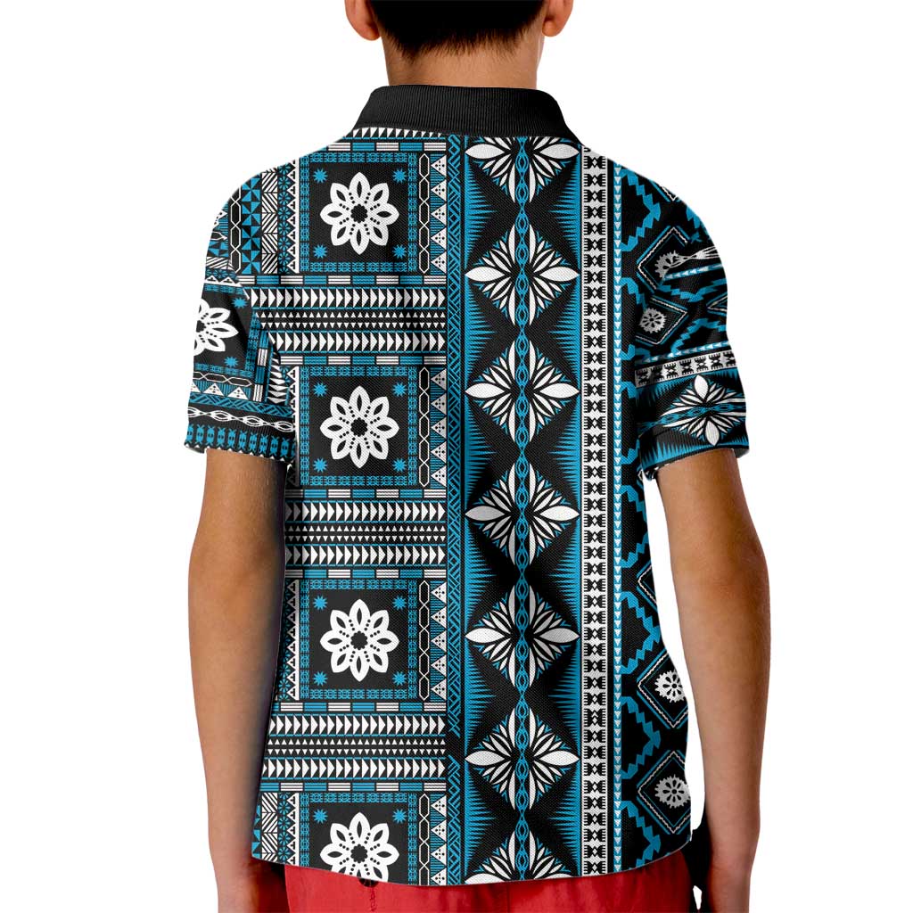 Fiji Masi Tapa Pattern Blue Kid Polo Shirt - Polynesian Pride