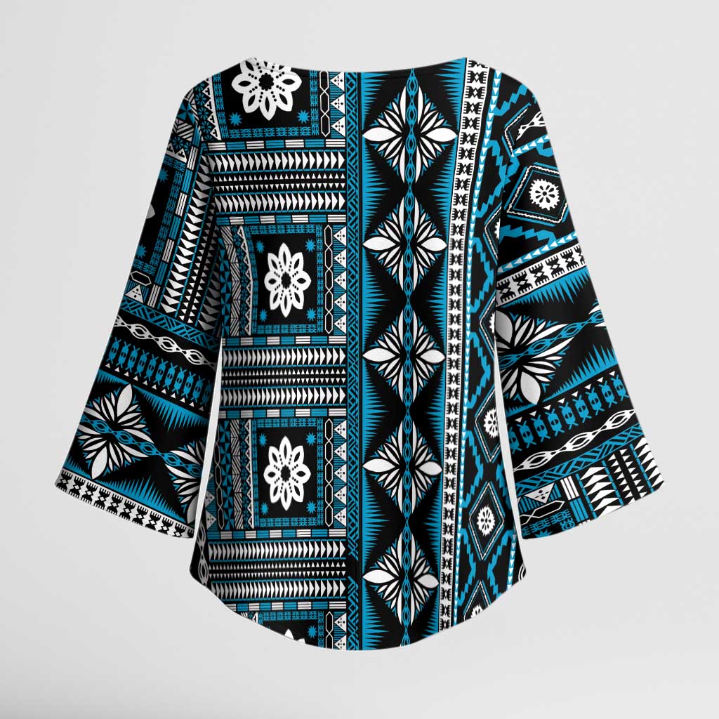 Fiji Masi Tapa Pattern Blue Kimono Sleeve Blouse - Polynesian Pride
