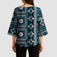 Fiji Masi Tapa Pattern Blue Kimono Sleeve Blouse - Polynesian Pride