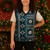 Fiji Masi Tapa Pattern Blue Christmas Knitted V-Neck Vest - Polynesian Pride