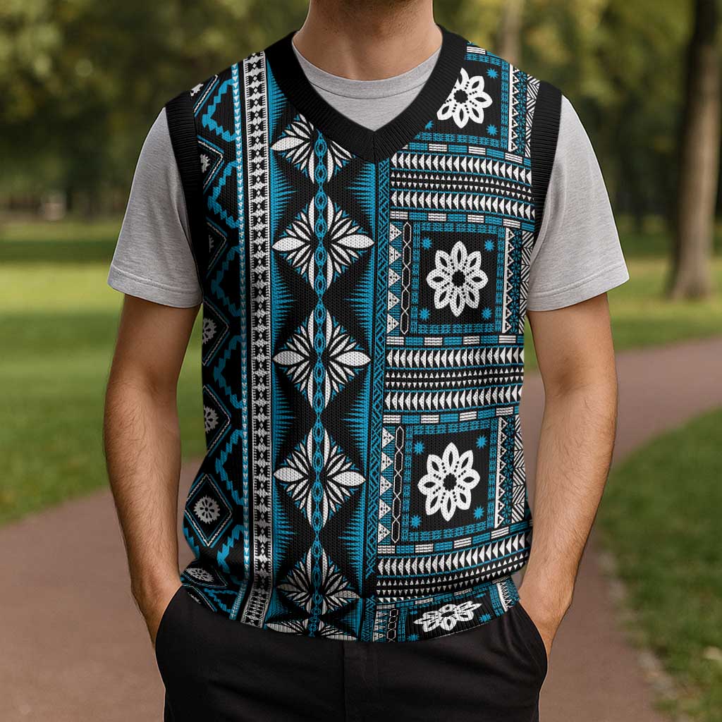 Fiji Masi Tapa Pattern Blue Christmas Knitted V-Neck Vest - Polynesian Pride