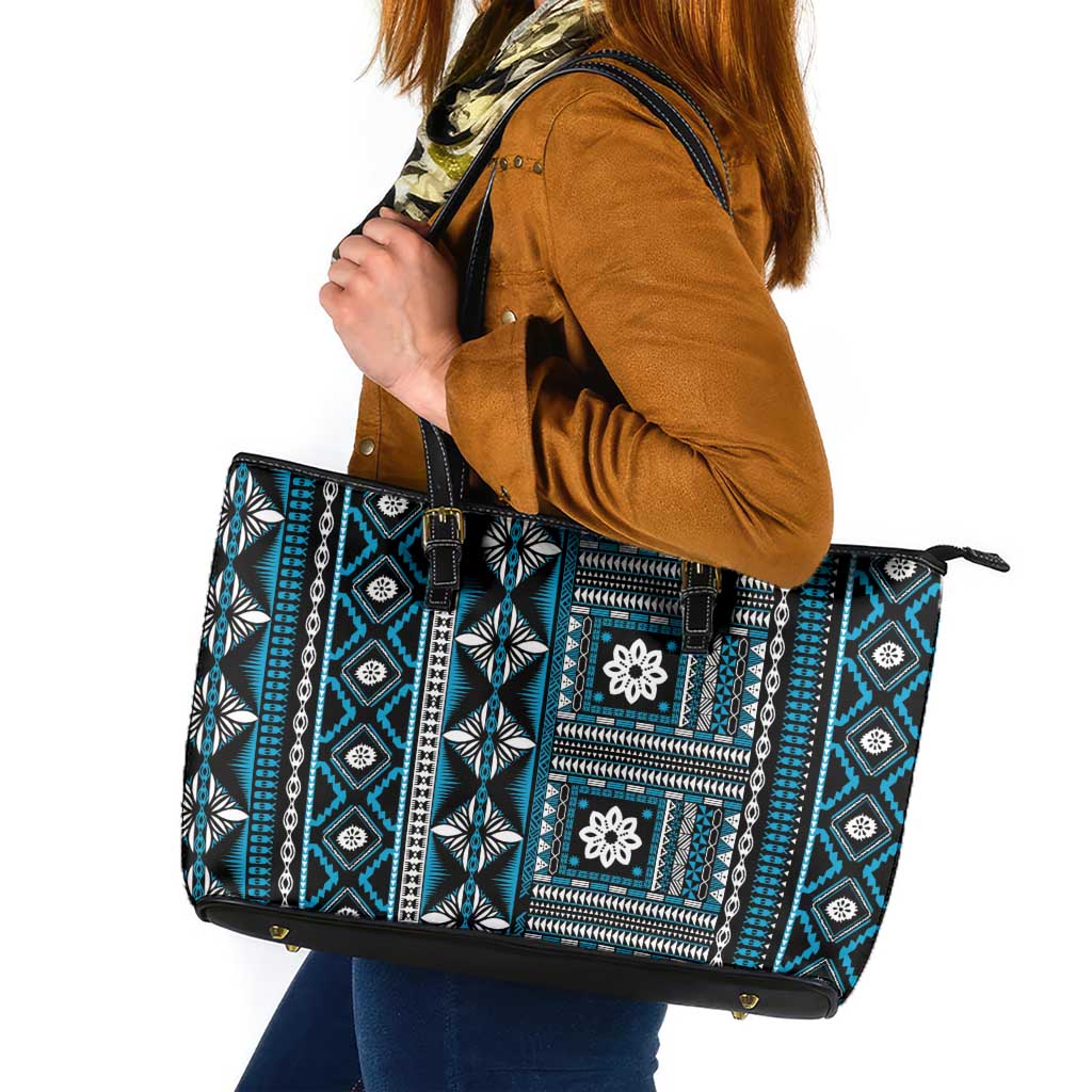Fiji Masi Tapa Pattern Blue Leather Tote Bag - Polynesian Pride