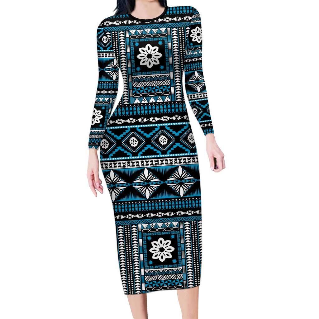 Fiji Masi Tapa Pattern Blue Long Sleeve Bodycon Dress - Polynesian Pride