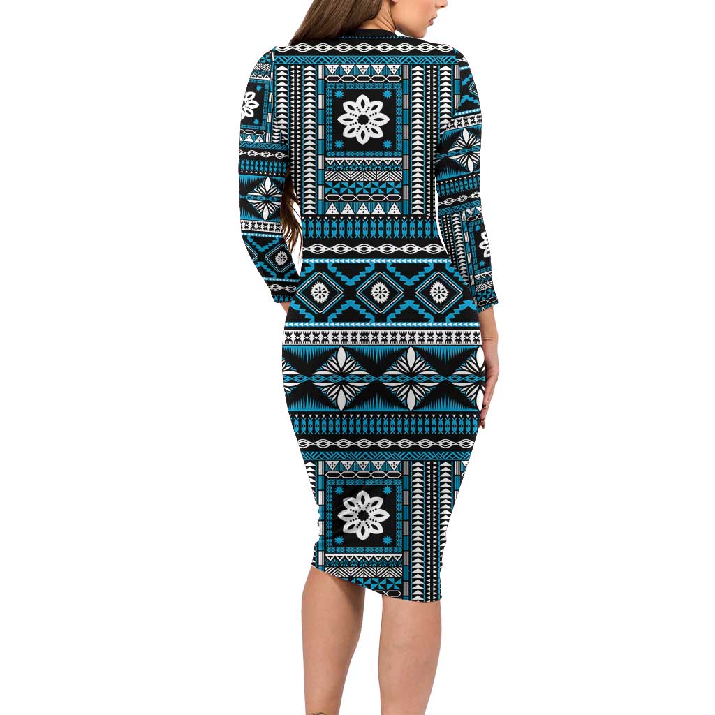 Fiji Masi Tapa Pattern Blue Long Sleeve Bodycon Dress - Polynesian Pride