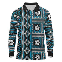Fiji Masi Tapa Pattern Blue Long Sleeve Polo Shirt - Polynesian Pride