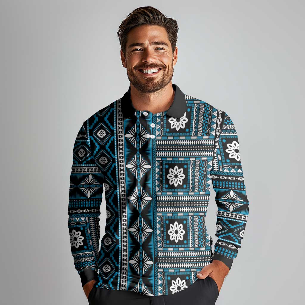 Fiji Masi Tapa Pattern Blue Long Sleeve Polo Shirt - Polynesian Pride