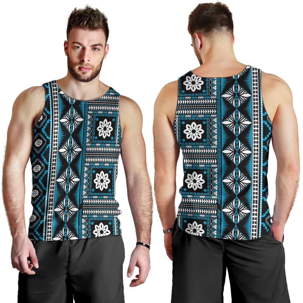 Fiji Masi Tapa Pattern Blue Men Tank Top - Polynesian Pride