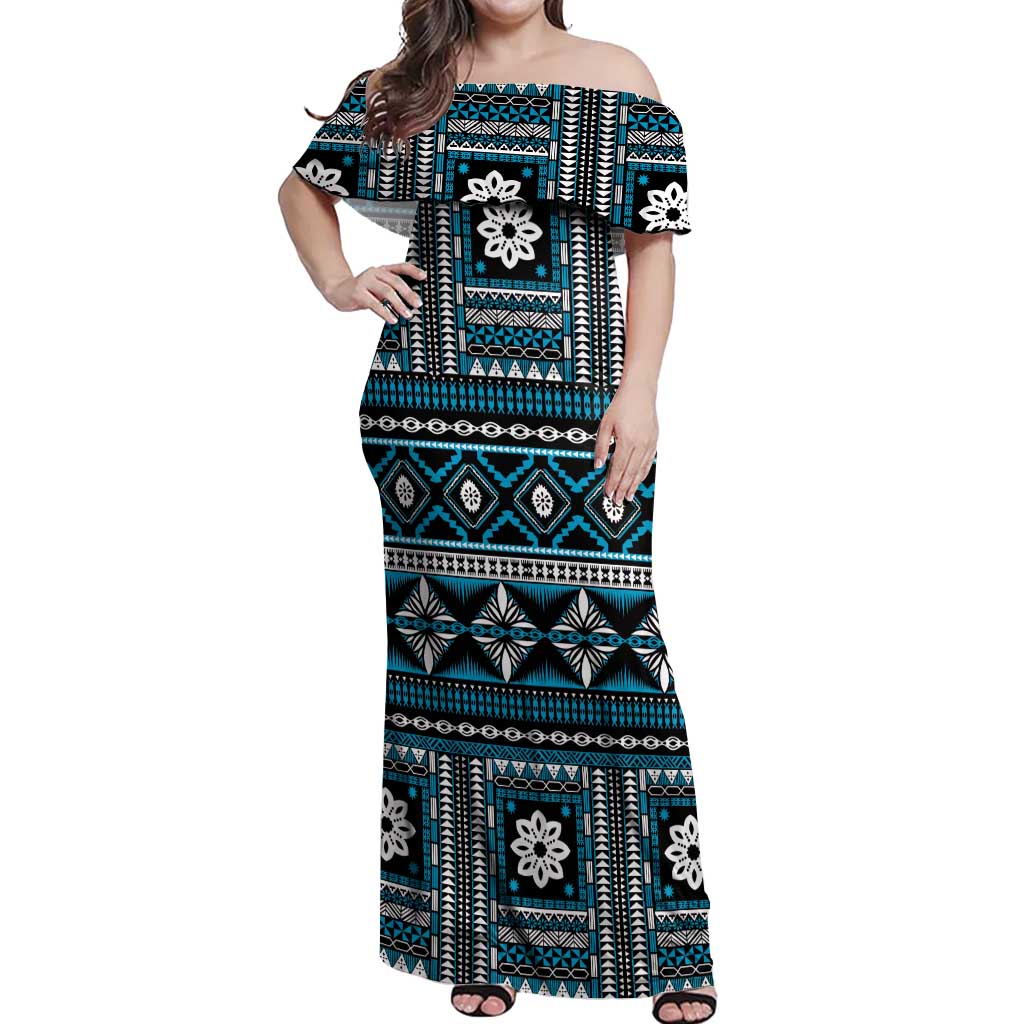 Fiji Masi Tapa Pattern Blue Off Shoulder Maxi Dress - Polynesian Pride