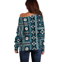 Fiji Masi Tapa Pattern Blue Off Shoulder Sweater - Polynesian Pride