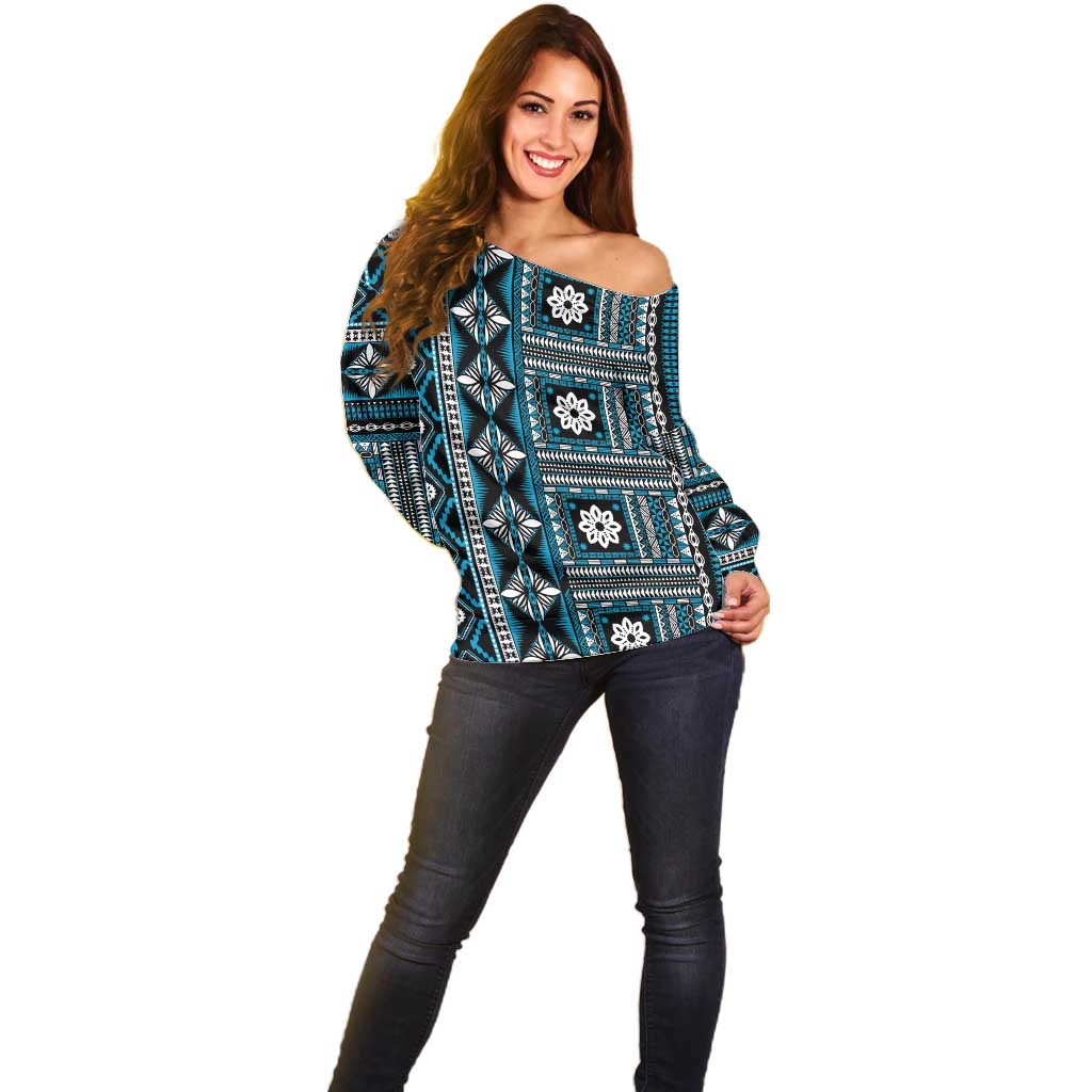 Fiji Masi Tapa Pattern Blue Off Shoulder Sweater - Polynesian Pride