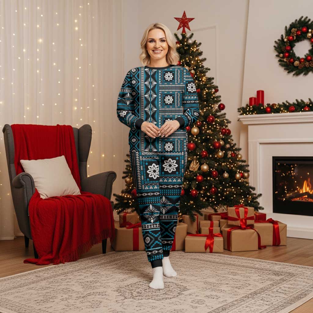 Fiji Masi Tapa Pattern Blue Christmas Pajama Set - Polynesian Pride