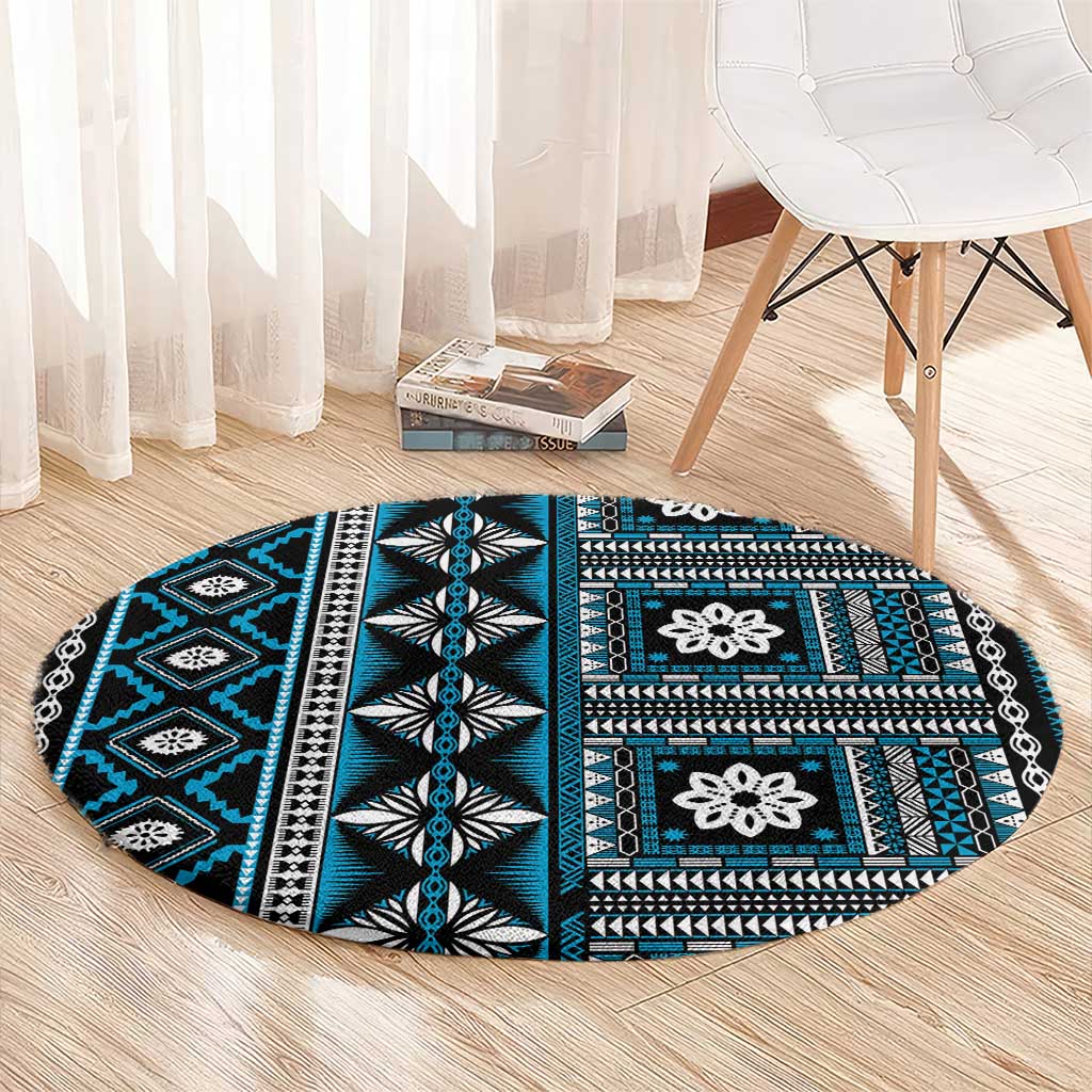 Fiji Masi Tapa Pattern Blue Round Carpet - Polynesian Pride