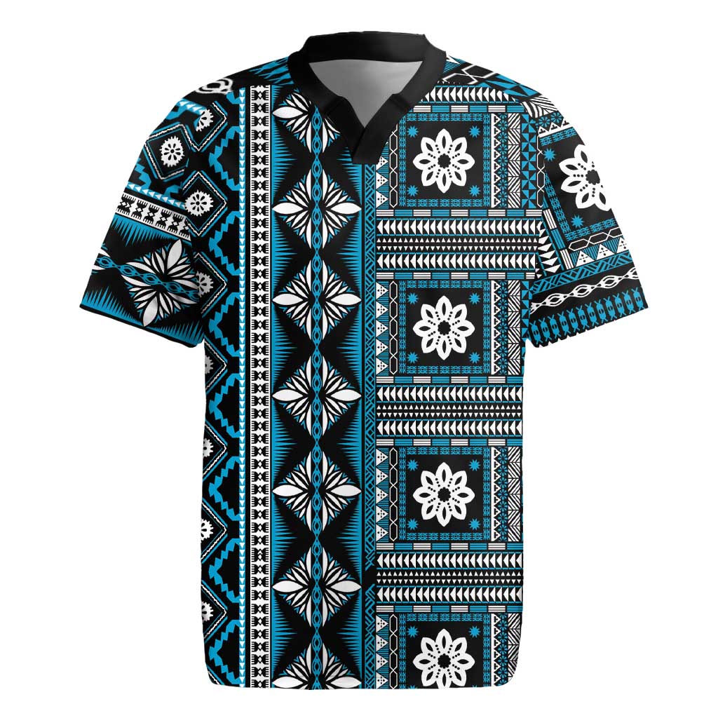 Fiji Masi Tapa Pattern Blue Rugby Jersey - Polynesian Pride