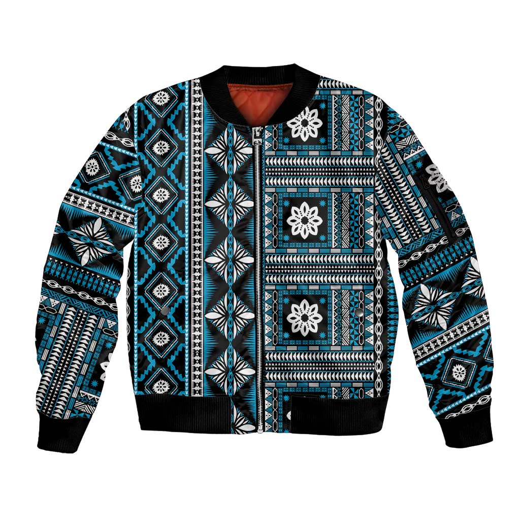 Fiji Masi Tapa Pattern Blue Sleeve Zip Bomber Jacket - Polynesian Pride