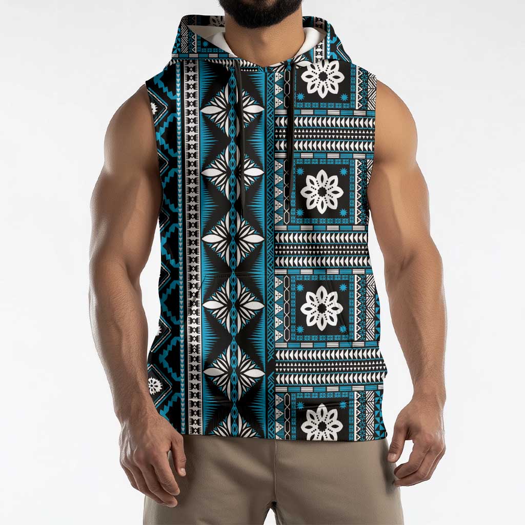 Fiji Masi Tapa Pattern Blue Sleeveless Hoodie - Polynesian Pride