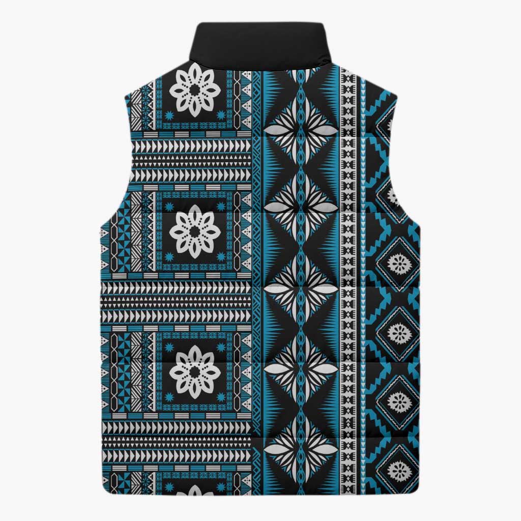 Fiji Masi Tapa Pattern Blue Sleeveless Puffer Jacket - Polynesian Pride
