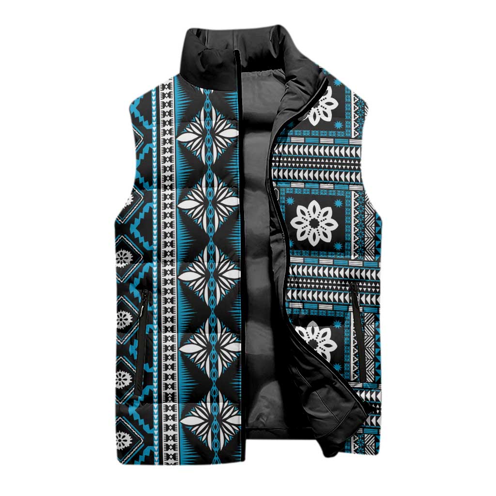 Fiji Masi Tapa Pattern Blue Sleeveless Puffer Jacket - Polynesian Pride