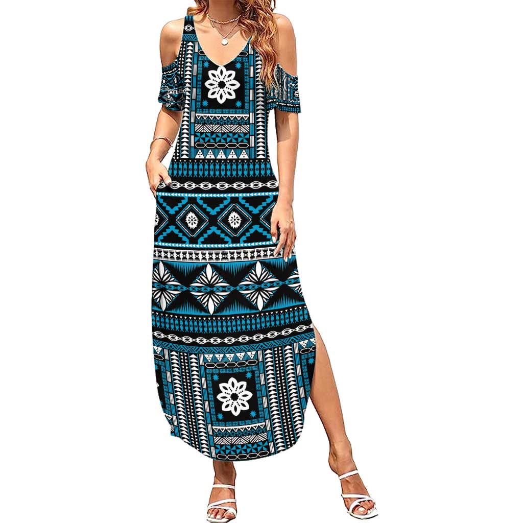 Fiji Masi Tapa Pattern Blue Summer Maxi Dress - Polynesian Pride