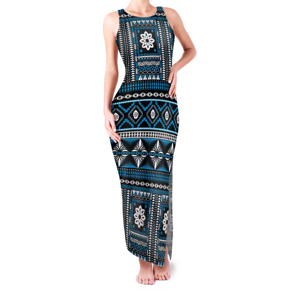 Fiji Masi Tapa Pattern Blue Tank Maxi Dress - Polynesian Pride
