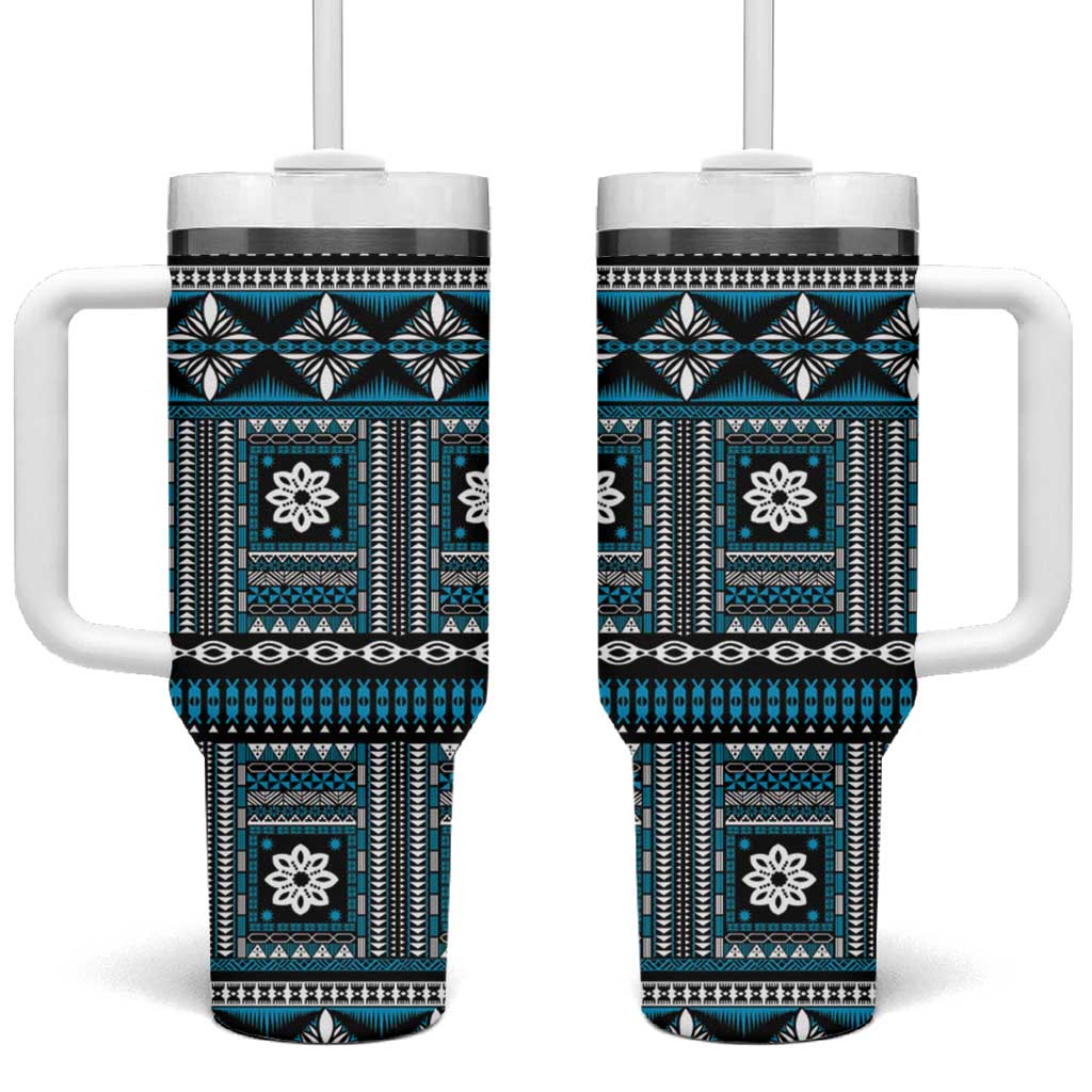 Fiji Masi Tapa Pattern Blue Tumbler With Handle - Polynesian Pride