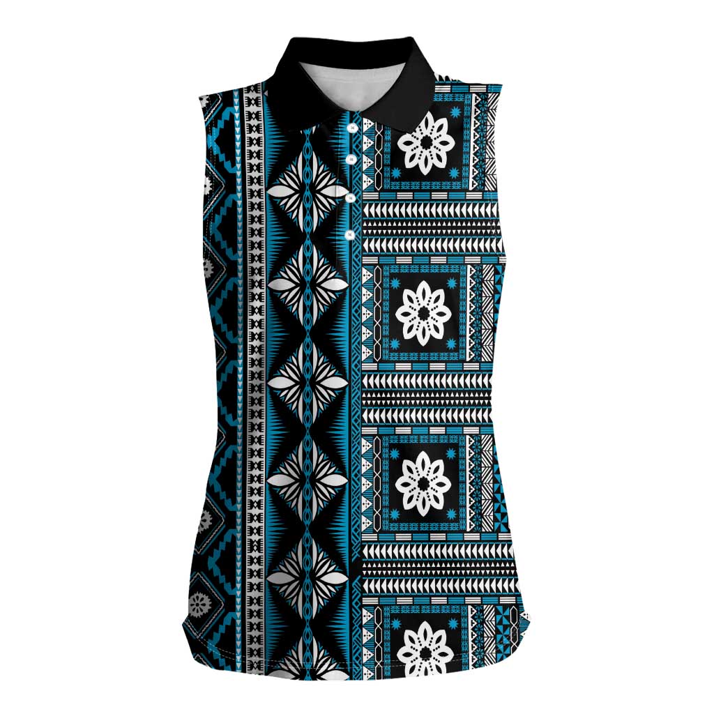 Fiji Masi Tapa Pattern Blue Women Sleeveless Polo Shirt - Polynesian Pride