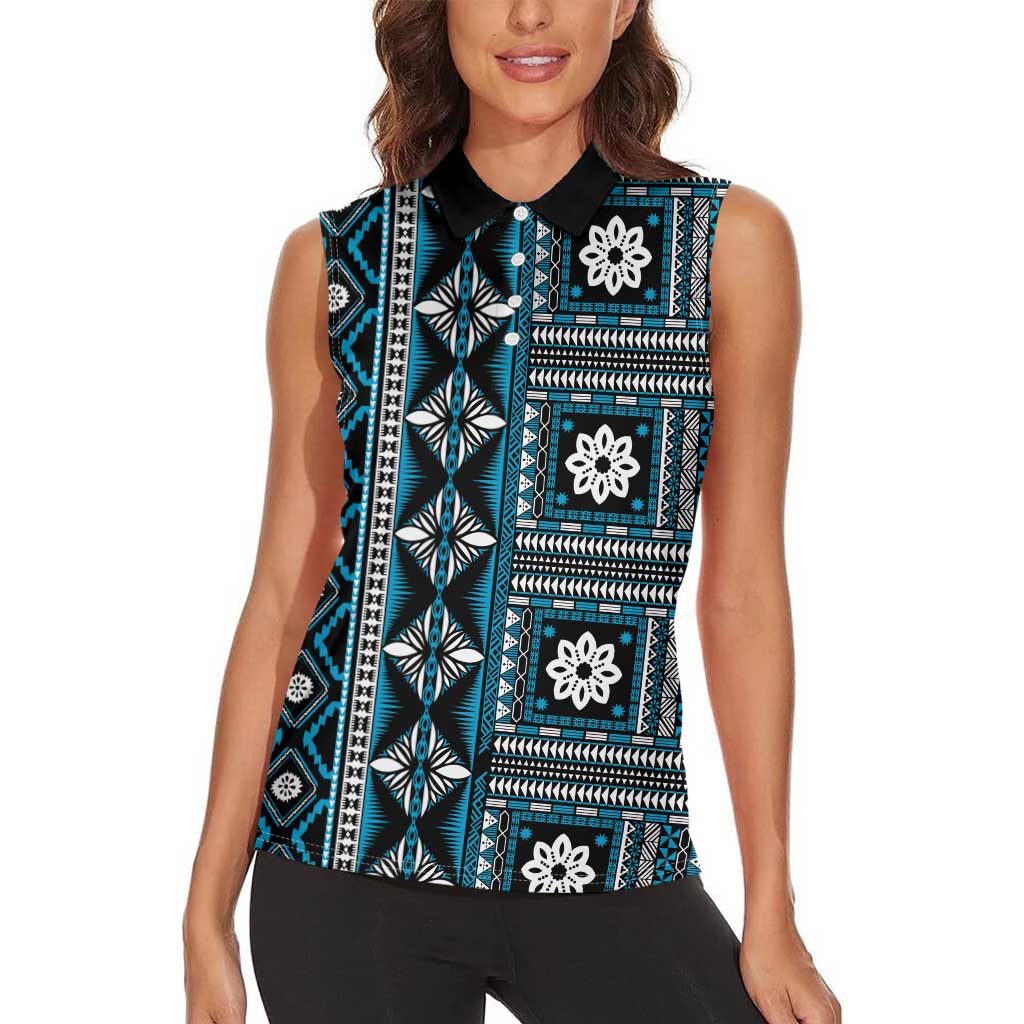 Fiji Masi Tapa Pattern Blue Women Sleeveless Polo Shirt - Polynesian Pride