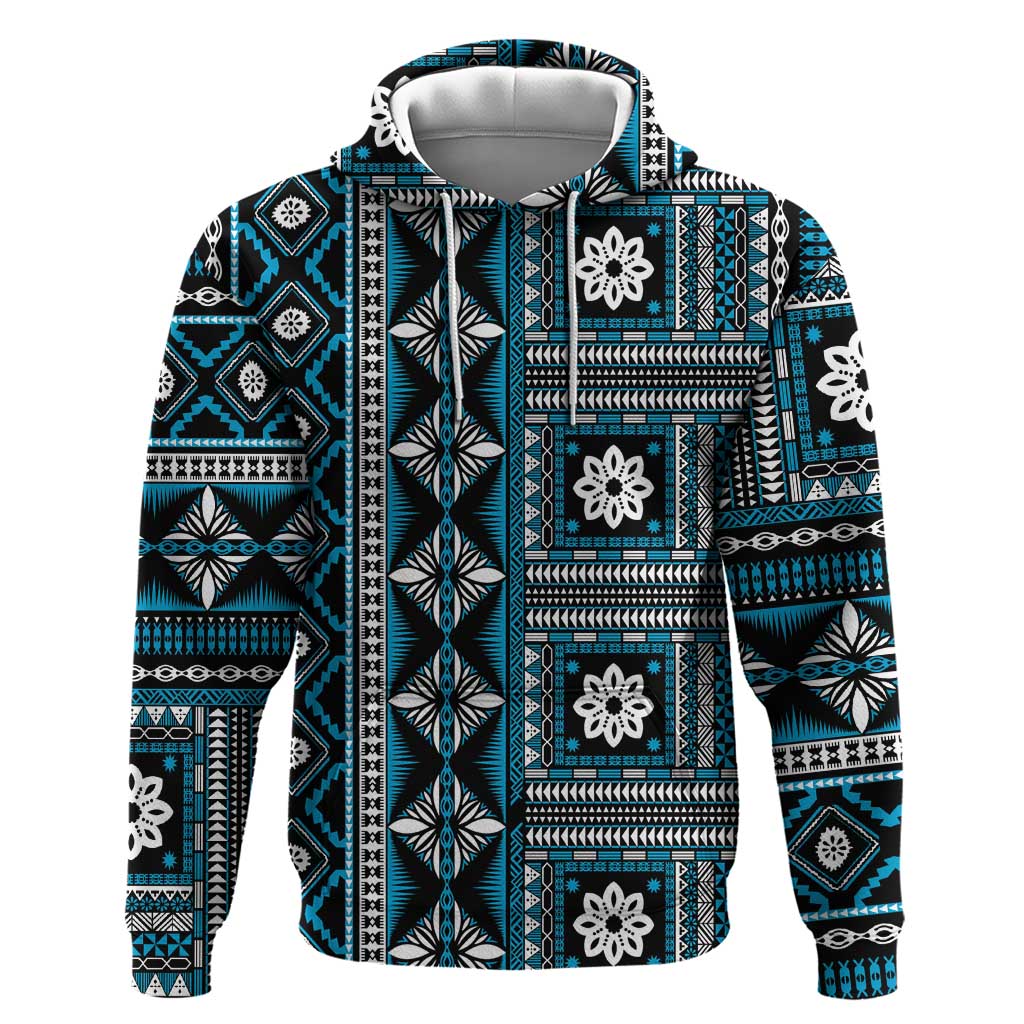 Fiji Masi Tapa Pattern Blue Zip Hoodie - Polynesian Pride