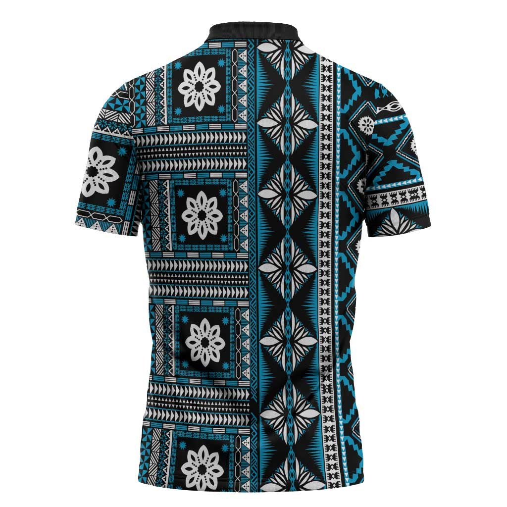 Fiji Masi Tapa Pattern Blue Zipper Polo Shirt - Polynesian Pride