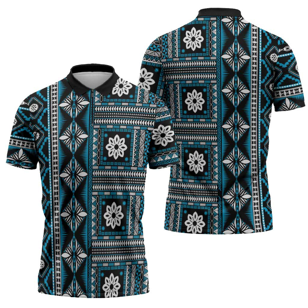 Fiji Masi Tapa Pattern Blue Zipper Polo Shirt - Polynesian Pride