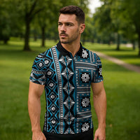 Fiji Masi Tapa Pattern Blue Zipper Polo Shirt - Polynesian Pride